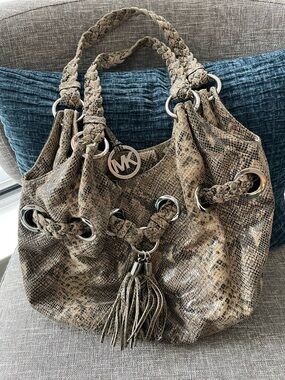 Michael Kors Taupe Snake-Print Braided-Handle Hobo with Tassel